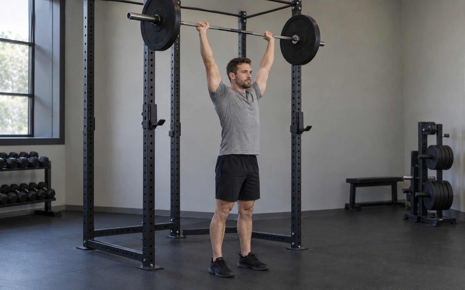 A man at the top of a standing barbell overhead press, arms fully extended overhead, three-quarter view.