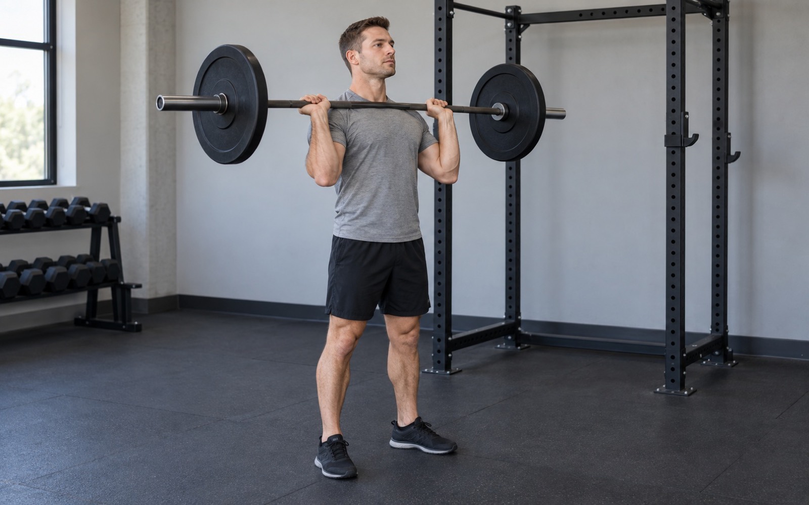 A man in the starting rack position of a standing barbell overhead press, bar resting on the top of the chest, forearms vertical.