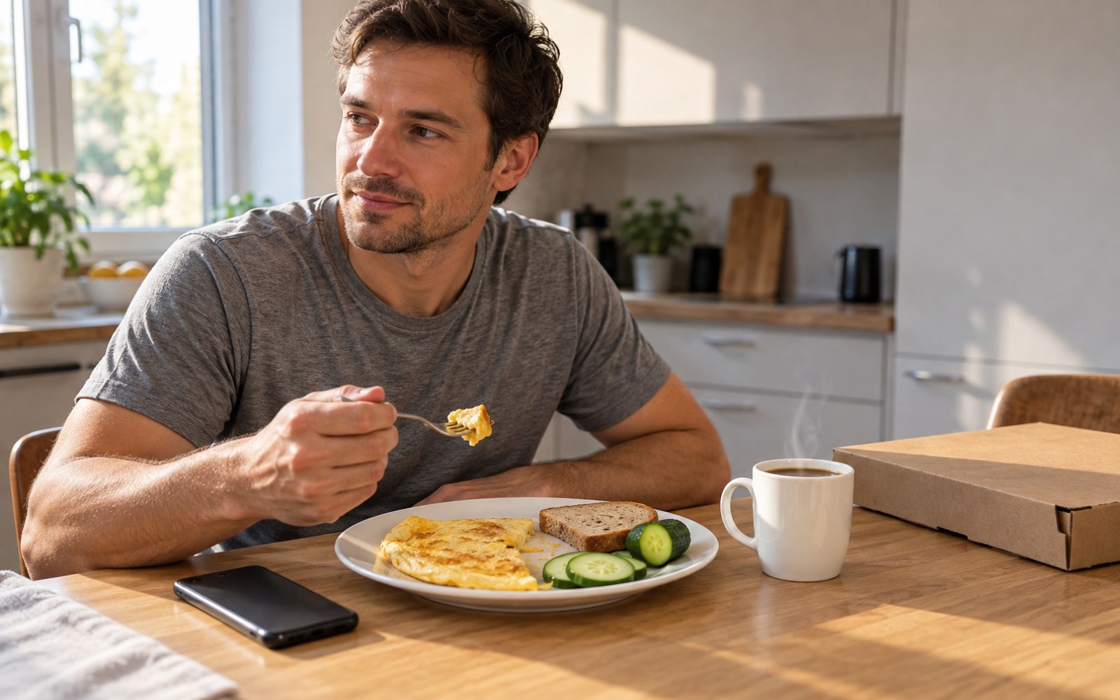 A man in his late thirties eating an omelet breakfast in the kitchen in the morning, an empty flattened pizza box at the edge of the table