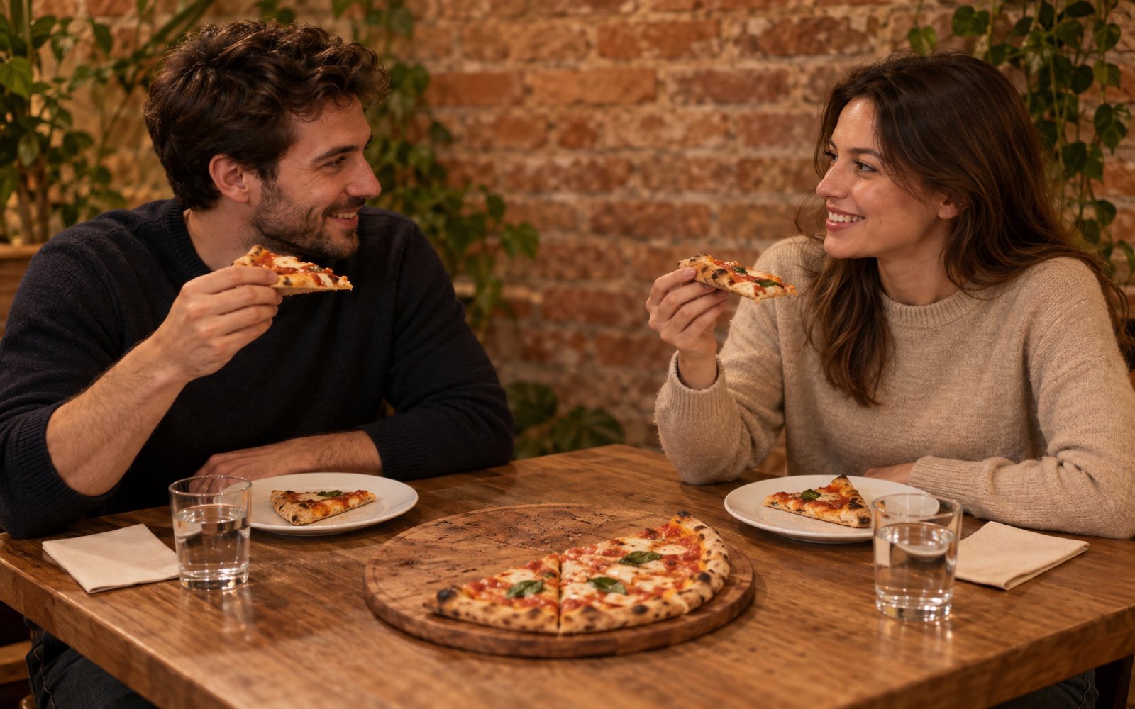 A man and woman in their early thirties at a pizzeria sharing one 30 cm pizza, two slices already on each plate