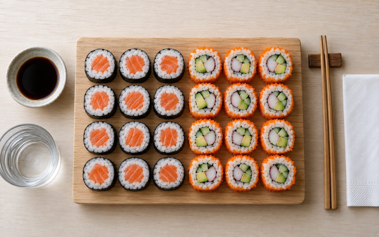 Overhead view of 24 sushi rolls (salmon and California-style) on a wooden board next to soy sauce and chopsticks