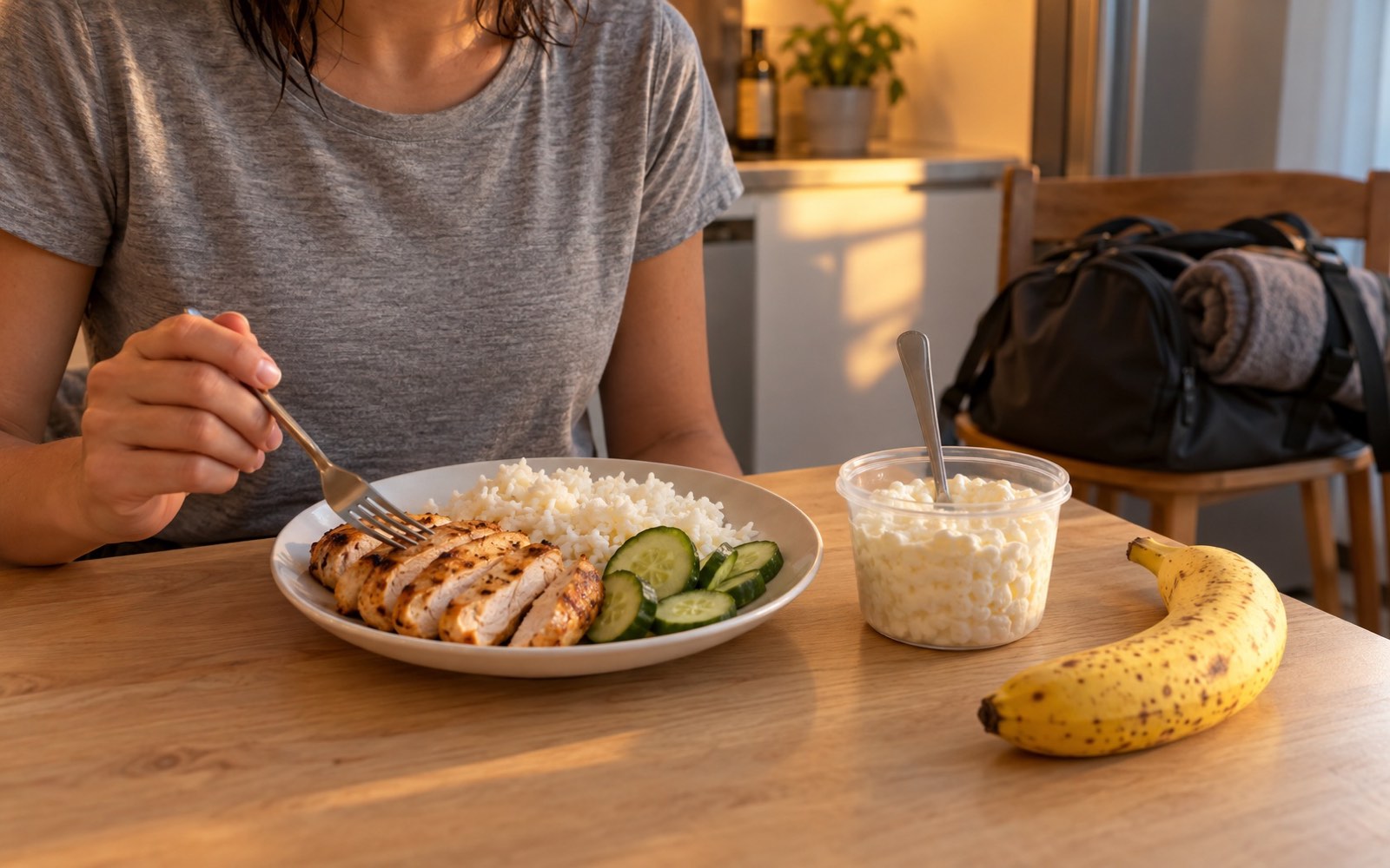 A person eating dinner after a workout — chicken with rice, a tub of cottage cheese and a banana on the kitchen table, a gym bag on the chair behind