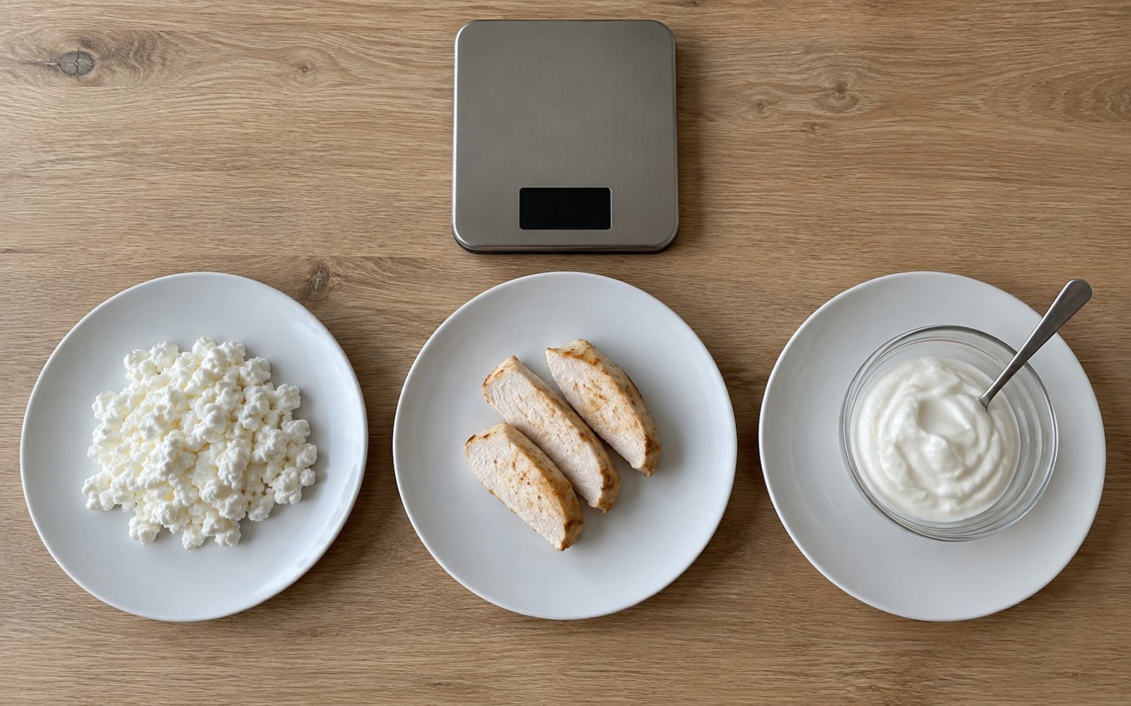 Three white plates from above with cottage cheese, chicken breast and Greek yogurt next to a kitchen scale with a blank display