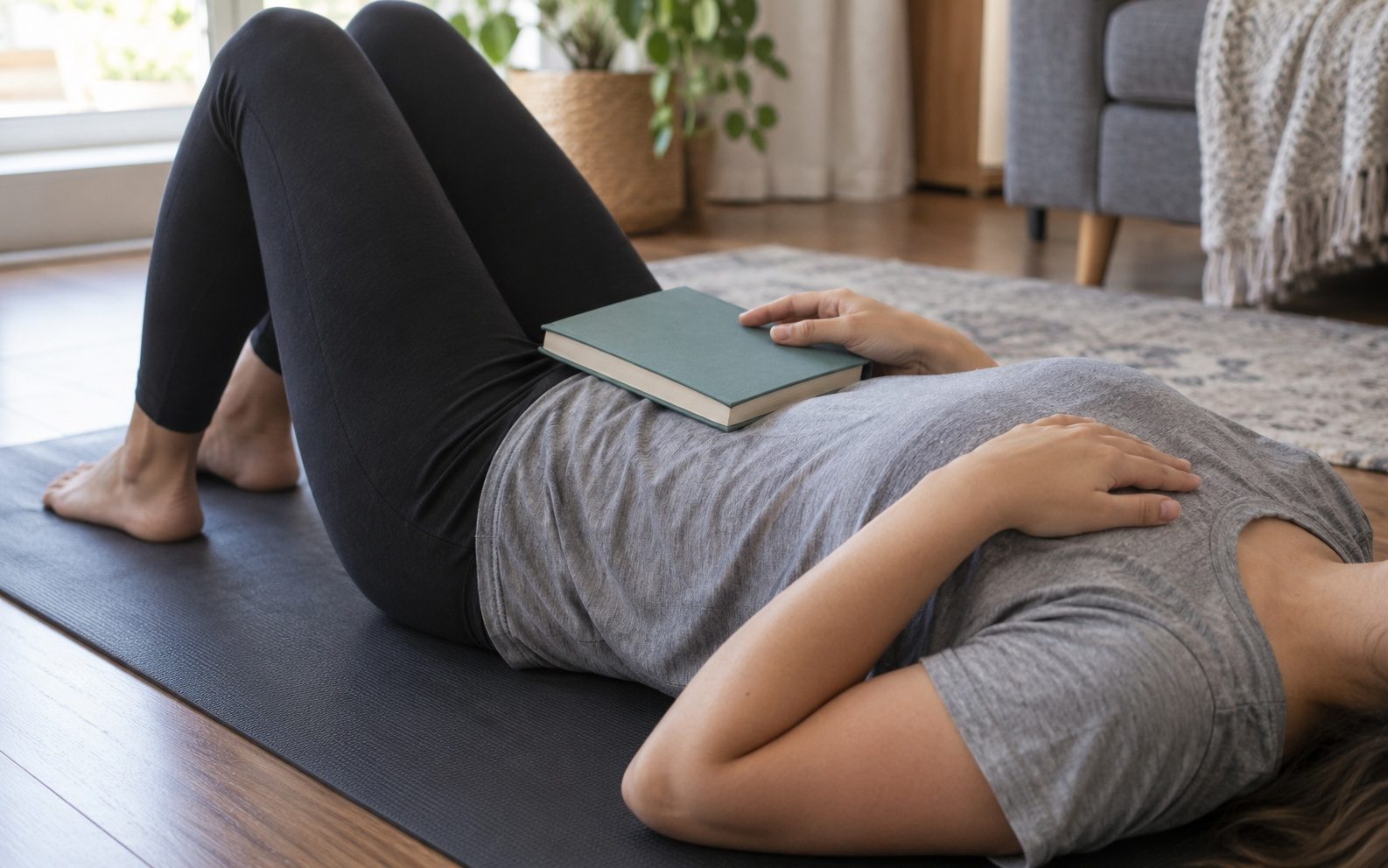 A woman lying on a mat with her knees bent, a book on her belly, one hand on the book and the other on her chest