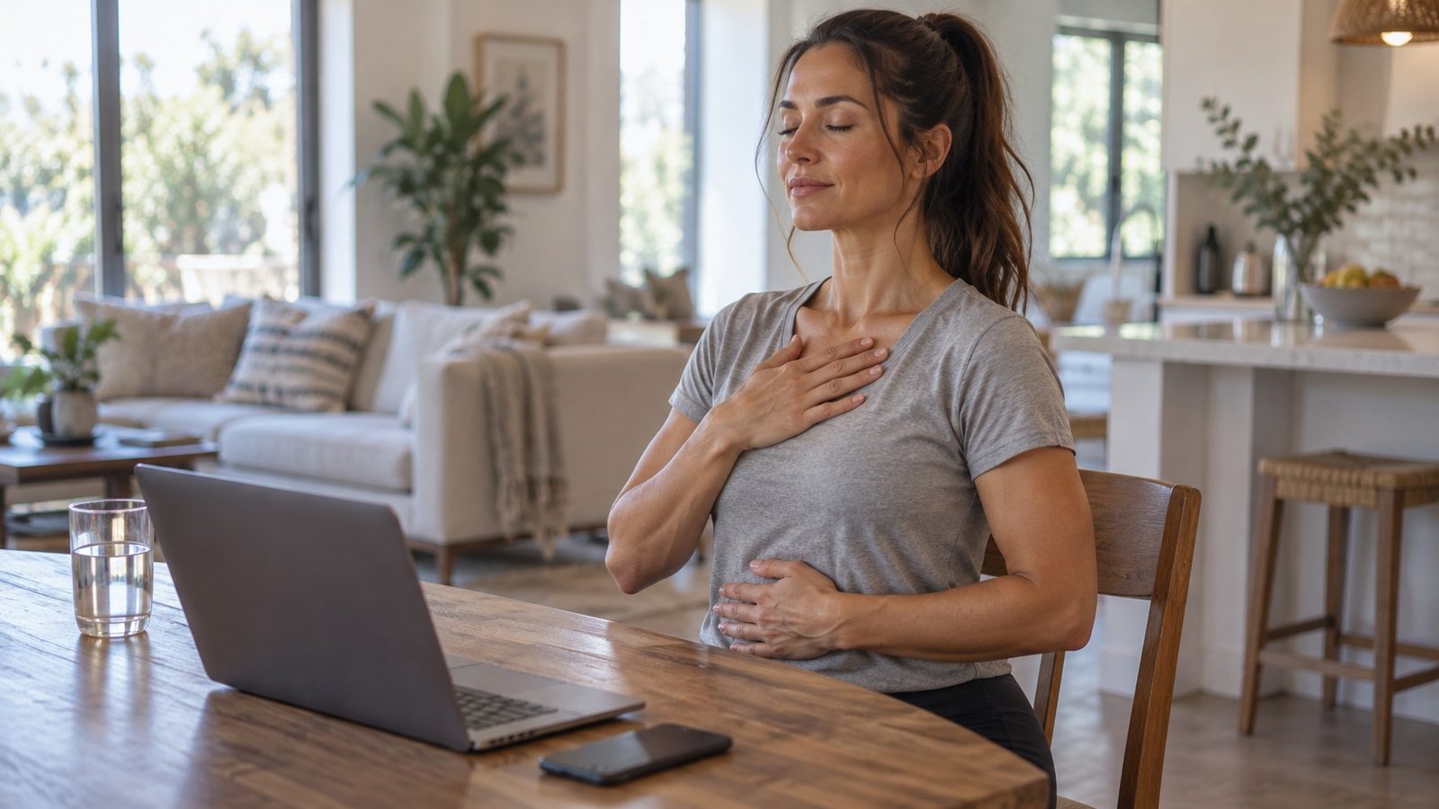 A woman sitting at a table with a laptop, eyes closed, one hand on her chest and the other on her belly