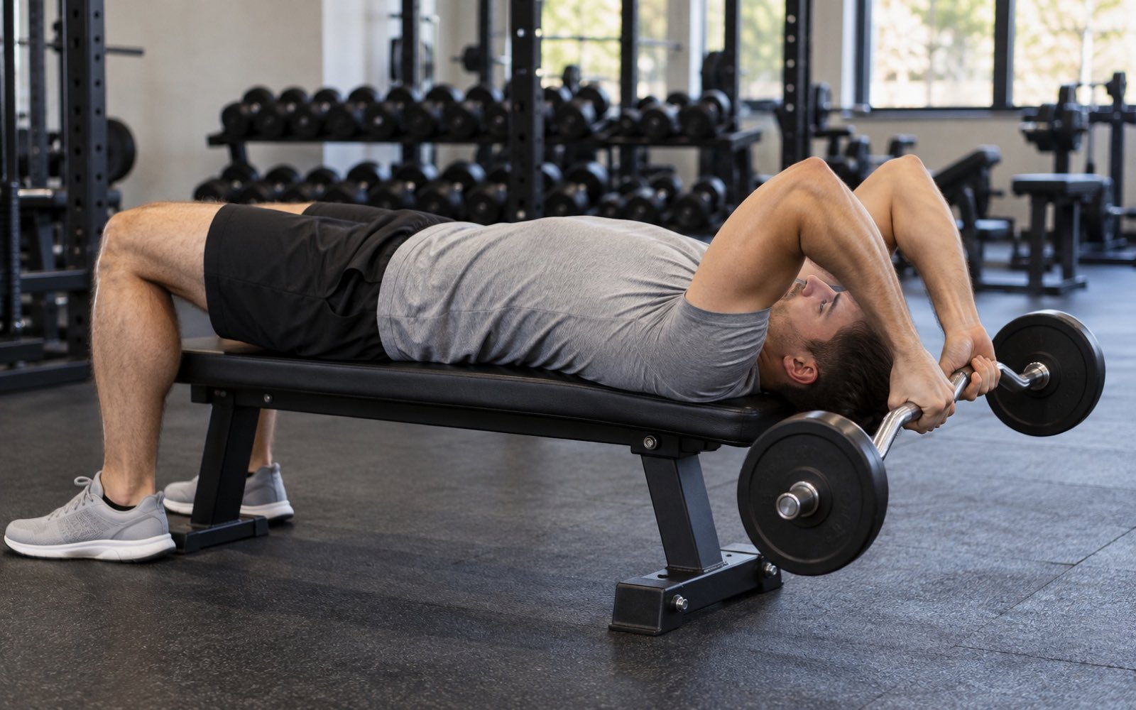 A man performing a lying EZ-bar skull crusher, side view, bottom position.