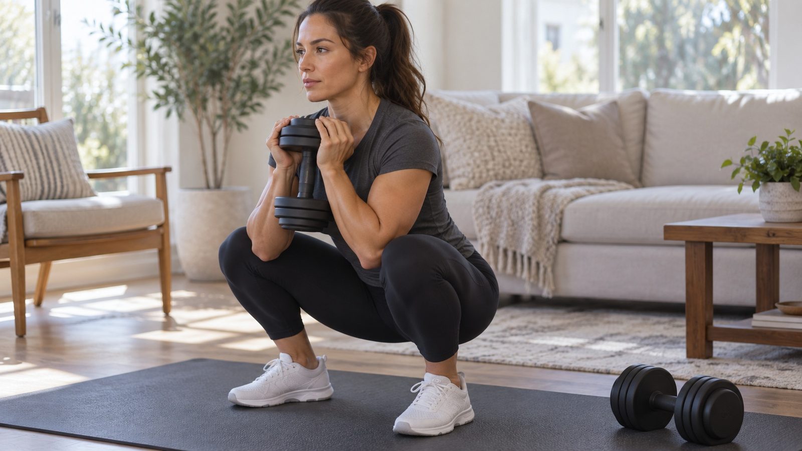A woman in her living room doing a goblet squat with an adjustable dumbbell at her chest, a second dumbbell on the mat
