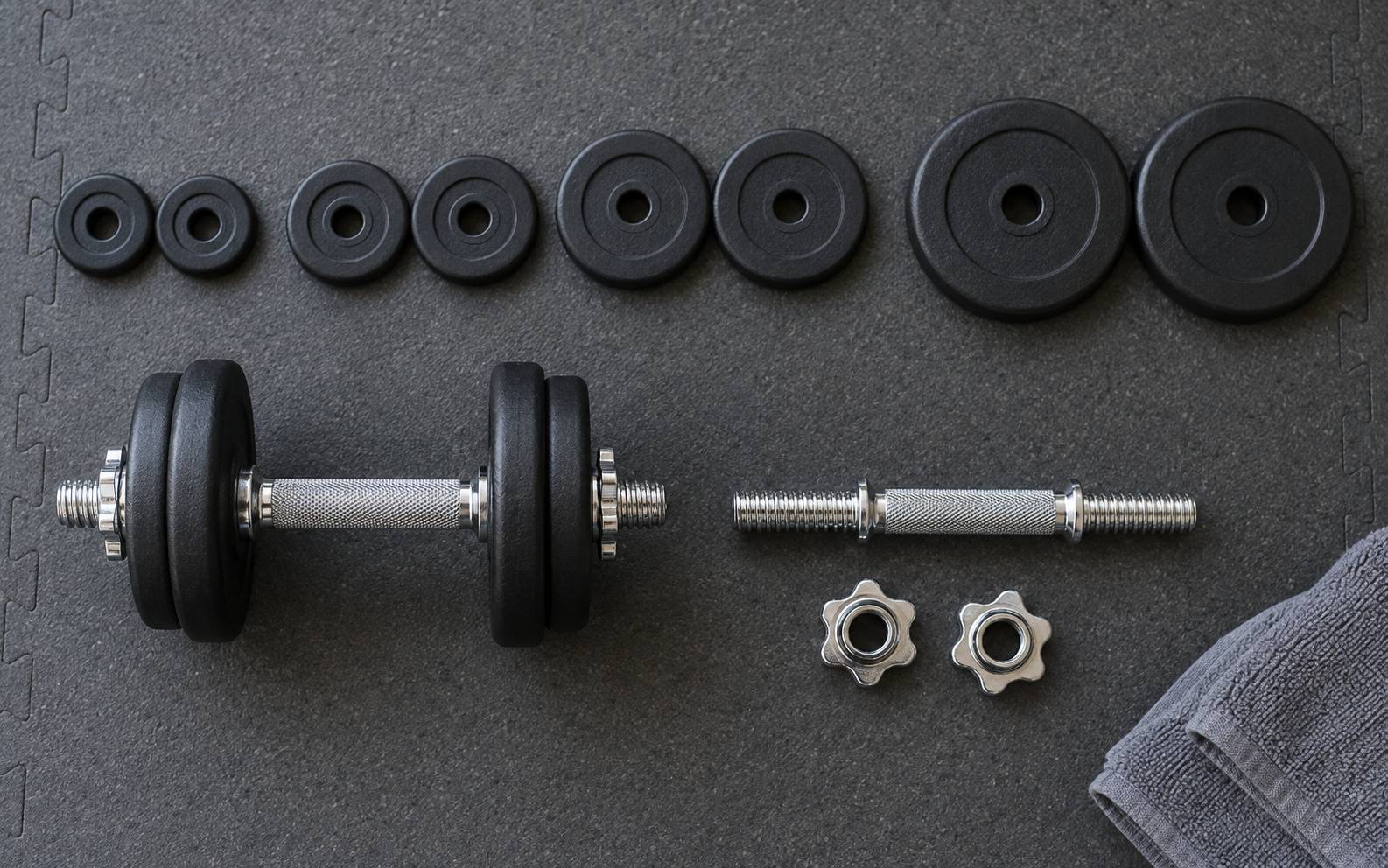 Top-down view of an assembled adjustable dumbbell, an empty threaded handle, two star-shaped collars and plates in pairs of four sizes