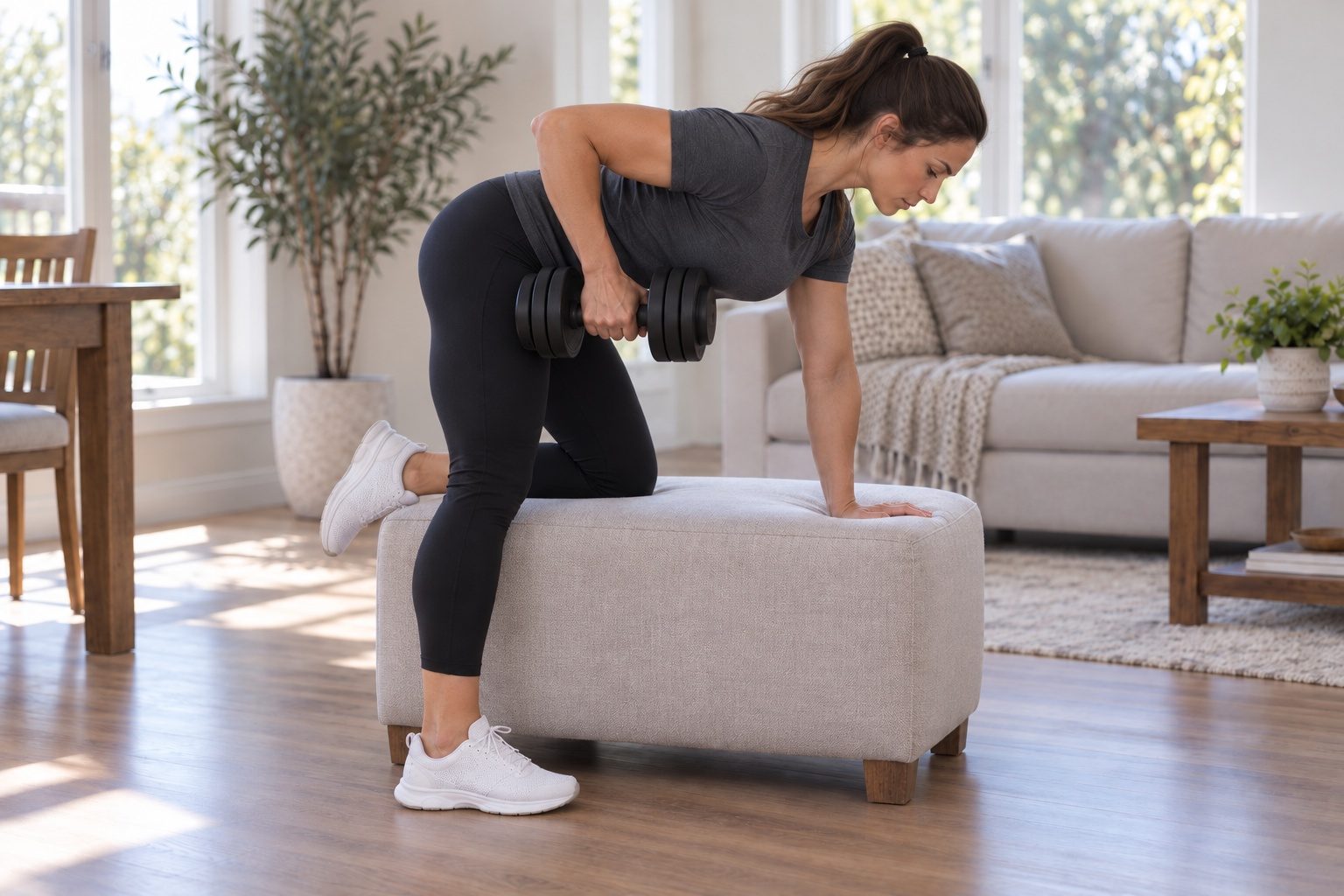 A woman in her living room doing a one-arm dumbbell row with one knee and one hand on a backless ottoman, the other foot on the floor, back flat