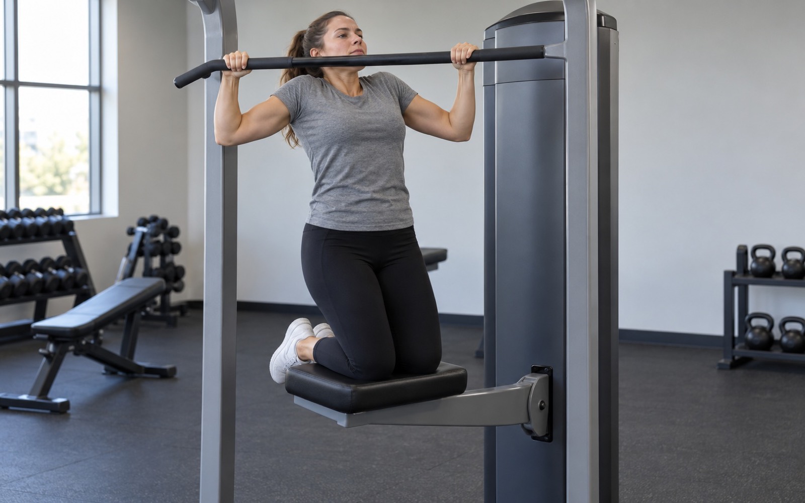 A woman on the assisted pull-up machine with a common mistake: elbows flared out, chin barely reaching the bar.