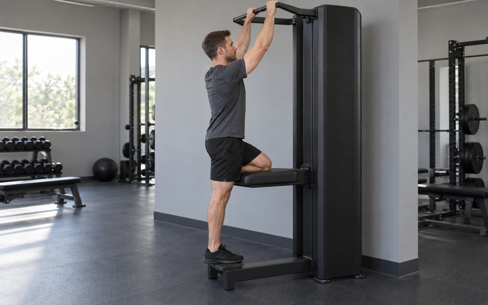 A man getting onto the assisted pull-up machine from the side: one foot on the step, one knee already on the platform.