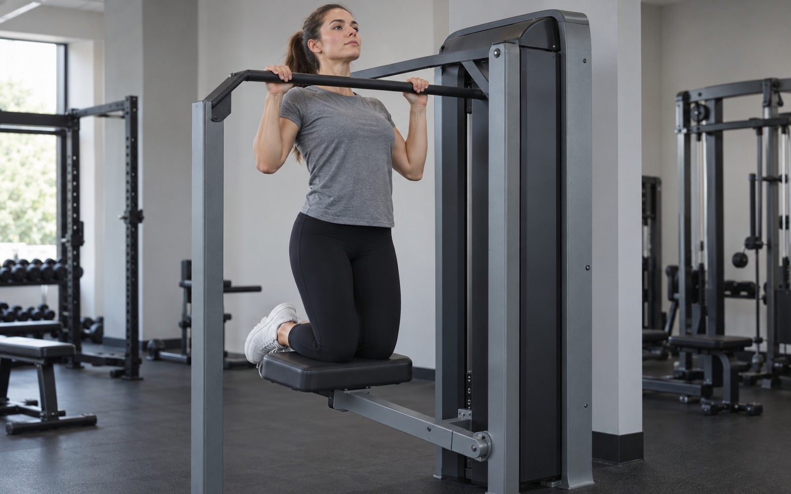 A woman at the top of a pull-up on an assisted pull-up machine, three-quarter front view, knees on the platform.