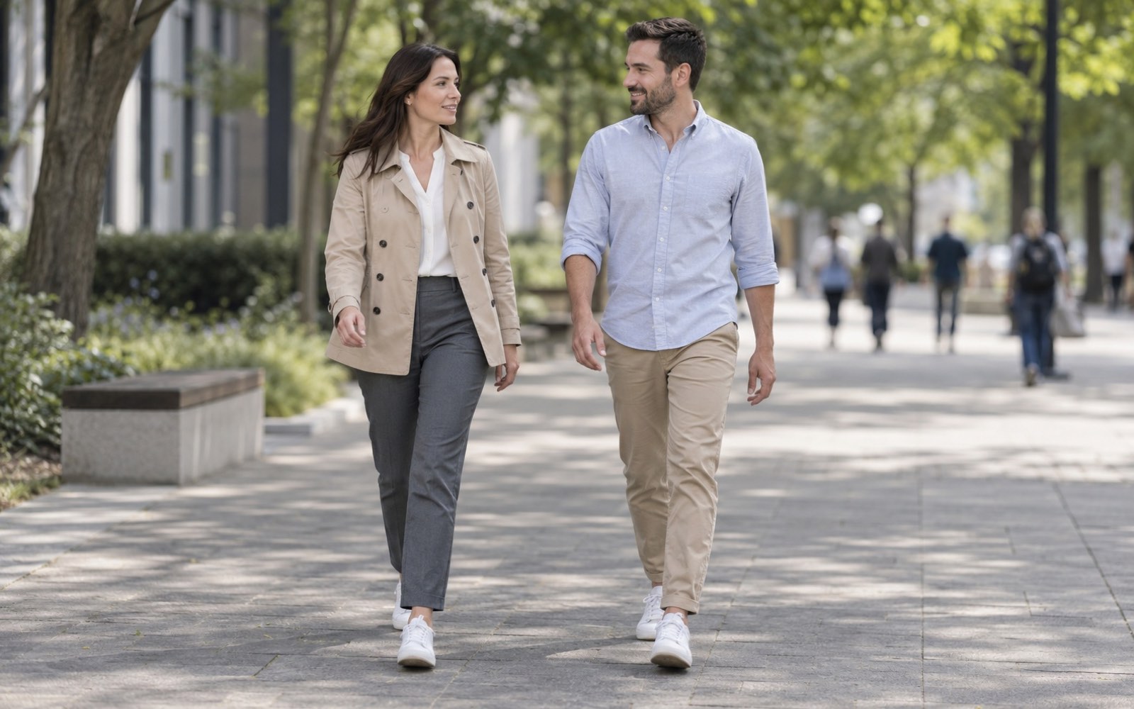 Two coworkers taking an easy walk after lunch