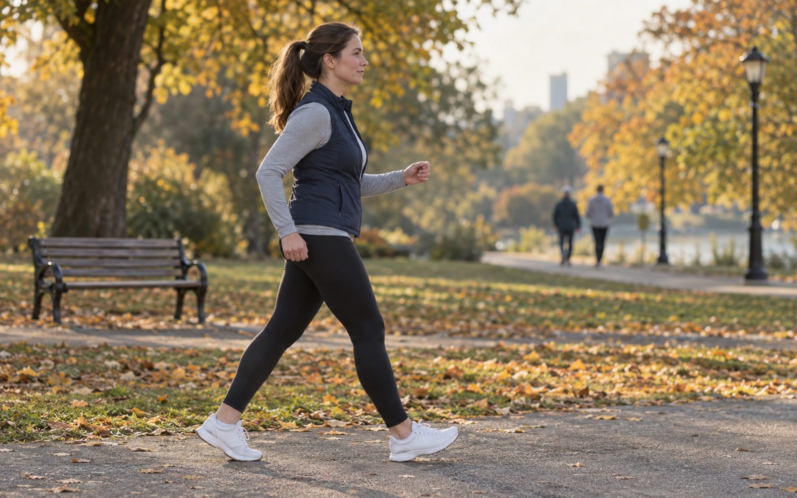 Woman walking briskly along a park path in the morning