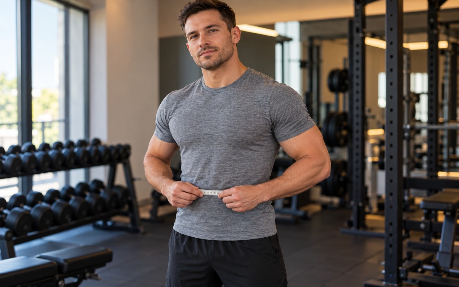 A visibly muscular man measures his own waist with a soft tape measure, a dumbbell rack in the background