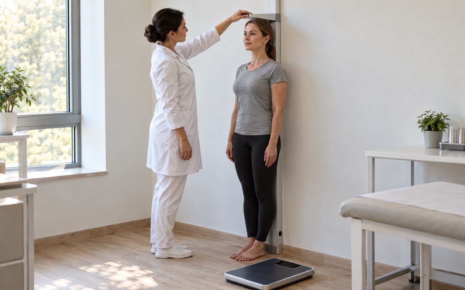 A woman stands barefoot against a wall-mounted height ruler while a nurse lowers the headpiece to the crown of her head, a floor scale with a dark display nearby