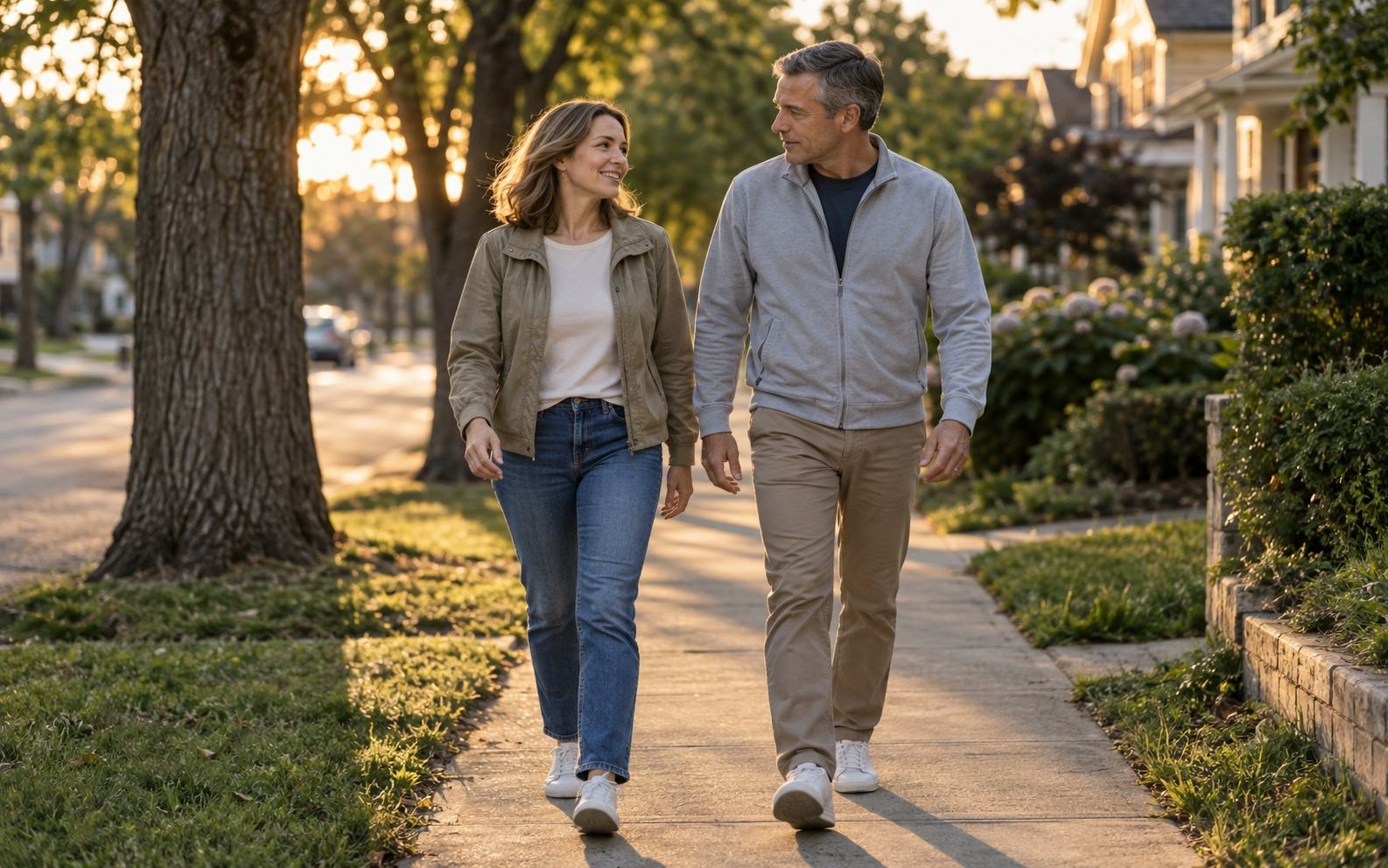 A woman and a man in their mid-40s walking along a quiet tree-lined street in the evening