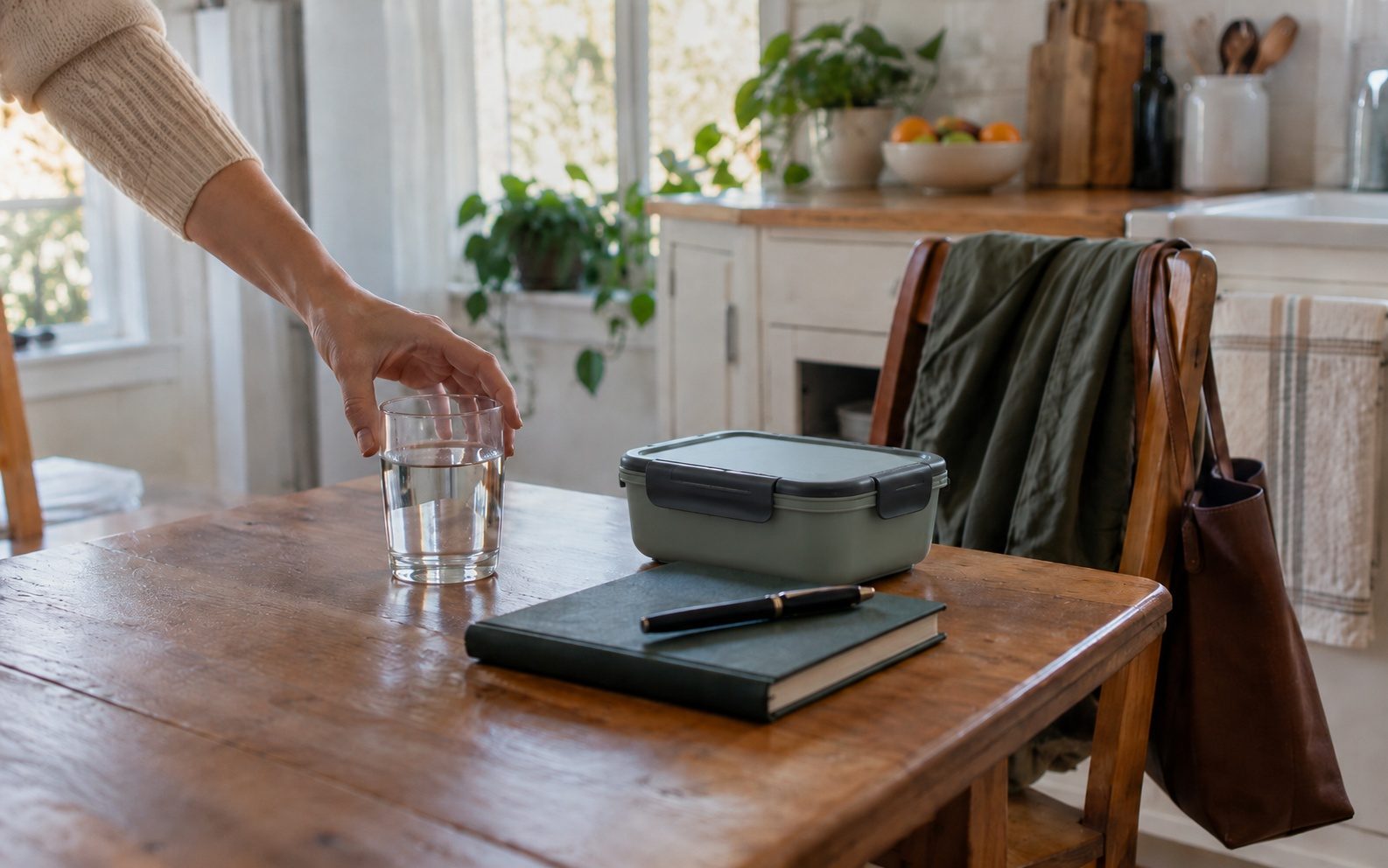 A kitchen in the morning: a hand reaches for a glass of water next to a closed food container and a notebook with a pen, with a jacket and bag on a chair