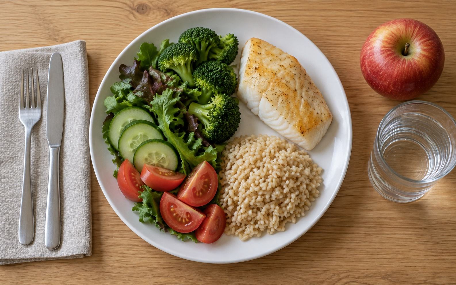 Top-down view of a plate with half vegetables, a quarter baked cod and a quarter brown rice, next to an apple and a glass of water
