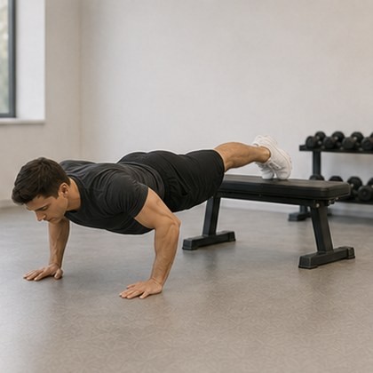 A man doing a decline push-up with his feet on a bench, arms straight, body straight