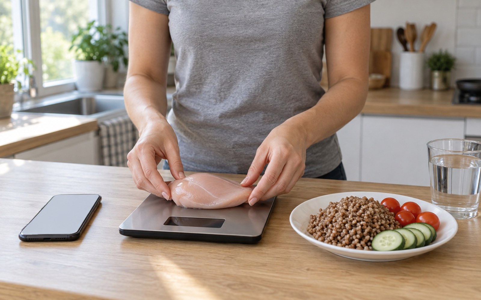 Woman placing a chicken breast on a kitchen scale next to a plate of buckwheat with vegetables and a phone
