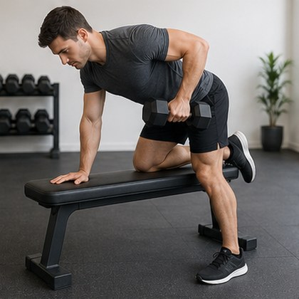 A man doing a one-arm dumbbell row braced on a bench