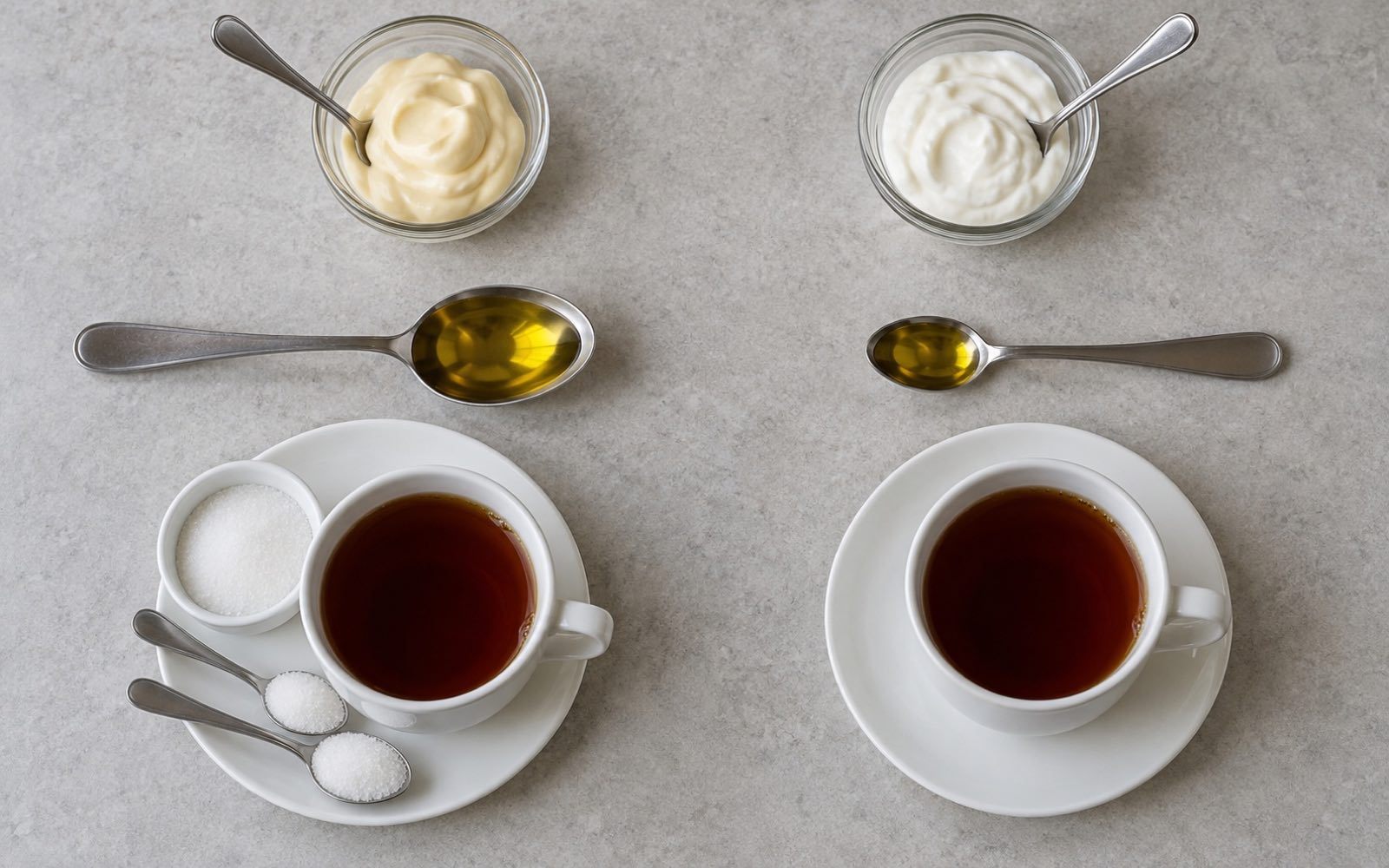 Overhead comparison: mayo, a tablespoon of oil and tea with sugar on the left; Greek yogurt, a teaspoon of oil and the same tea without sugar on the right