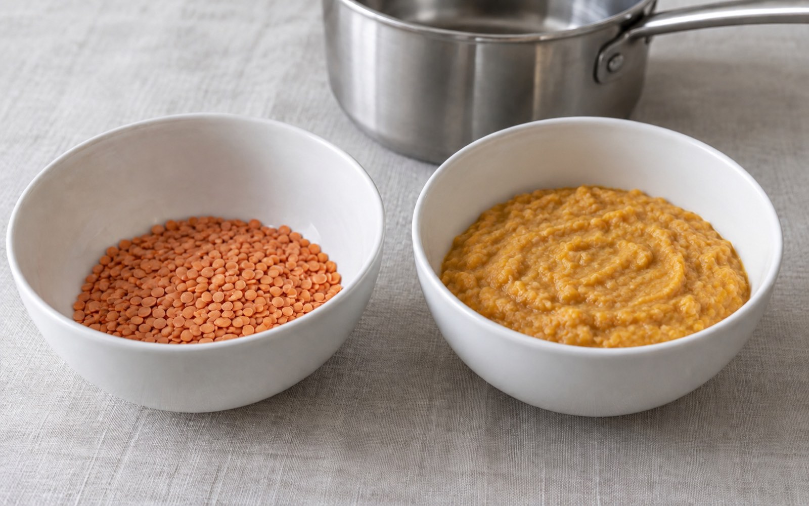 Two identical white bowls: a little dry red lentils on the left and a full bowl of the same lentils cooked soft on the right, with a saucepan behind them