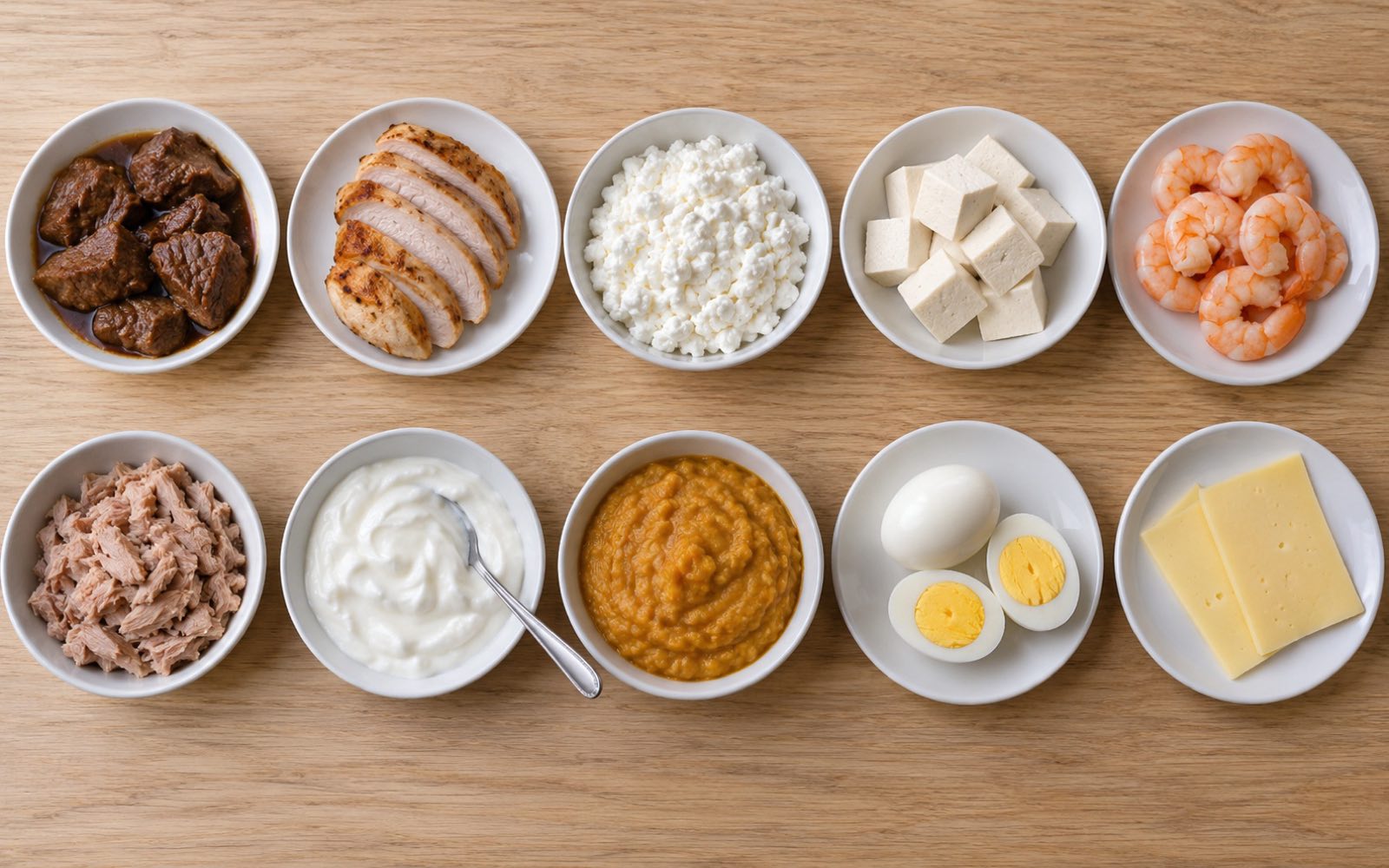 Overhead view of a wooden table with ten servings of protein foods: braised beef, sliced chicken breast, cottage cheese, tofu cubes, shrimp, tuna, Greek yogurt, cooked red lentils, hard-boiled eggs and cheese