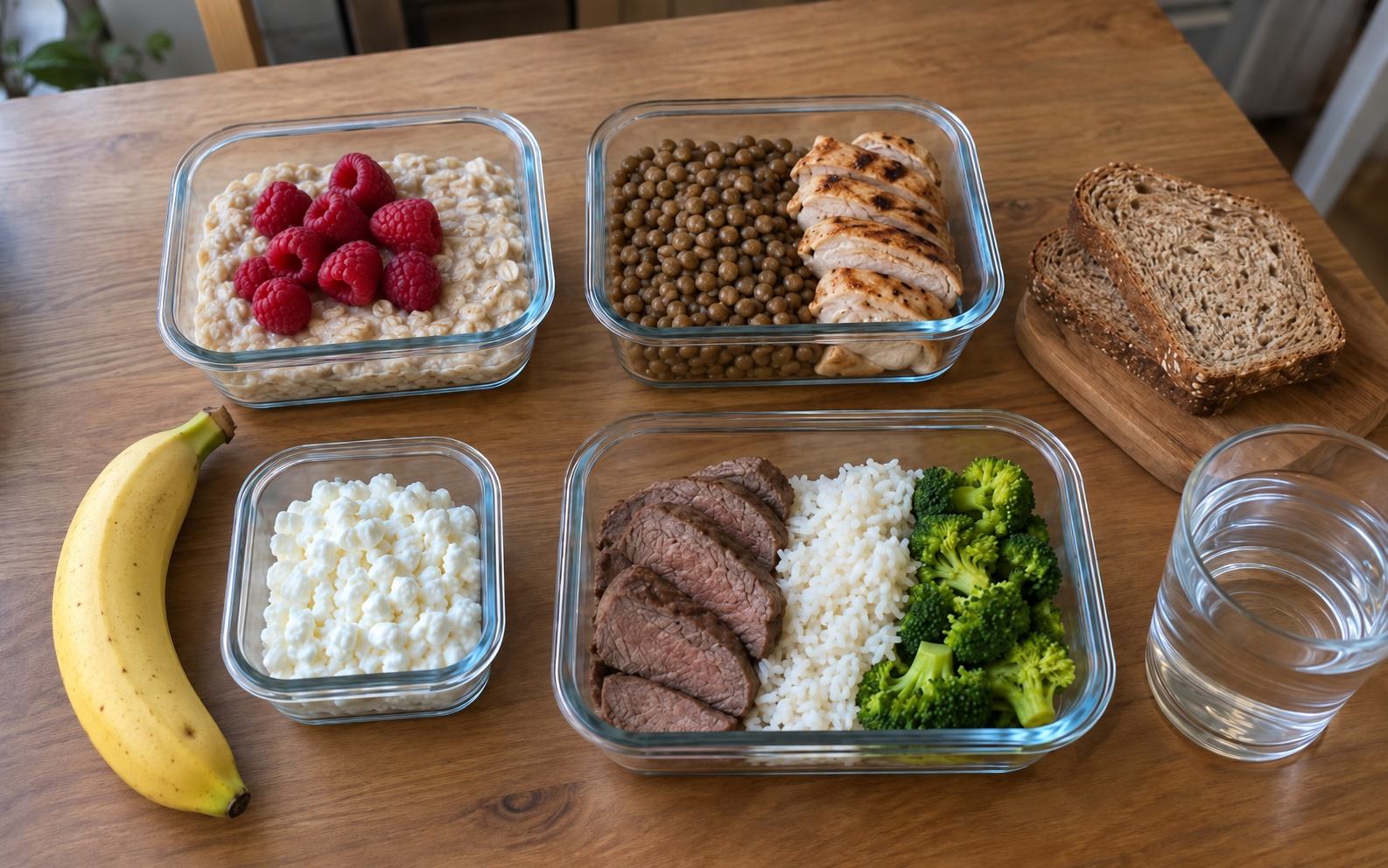 Glass meal-prep containers on a table: oatmeal with raspberries, lentils with chicken, cottage cheese, and beef with white rice and broccoli, plus a banana, two slices of whole-wheat bread on a board and a glass of water
