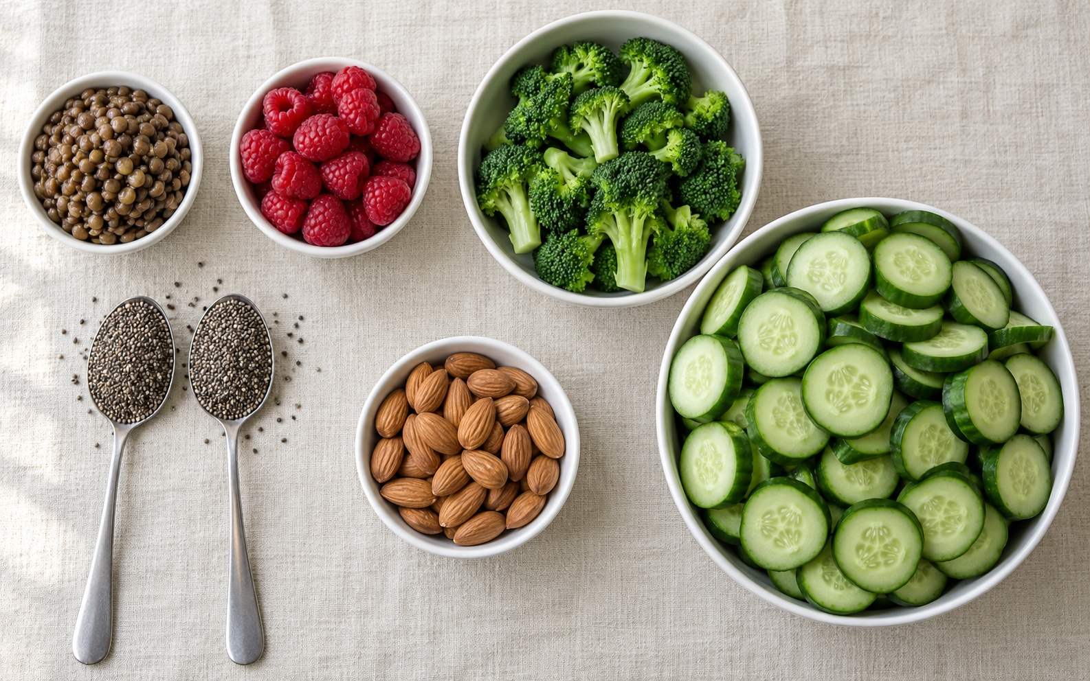 Overhead view on a linen tablecloth: a bowl of cooked lentils, a bowl of raspberries, a bowl of broccoli, two spoons of chia seeds, a bowl of almonds and a big bowl of sliced cucumbers