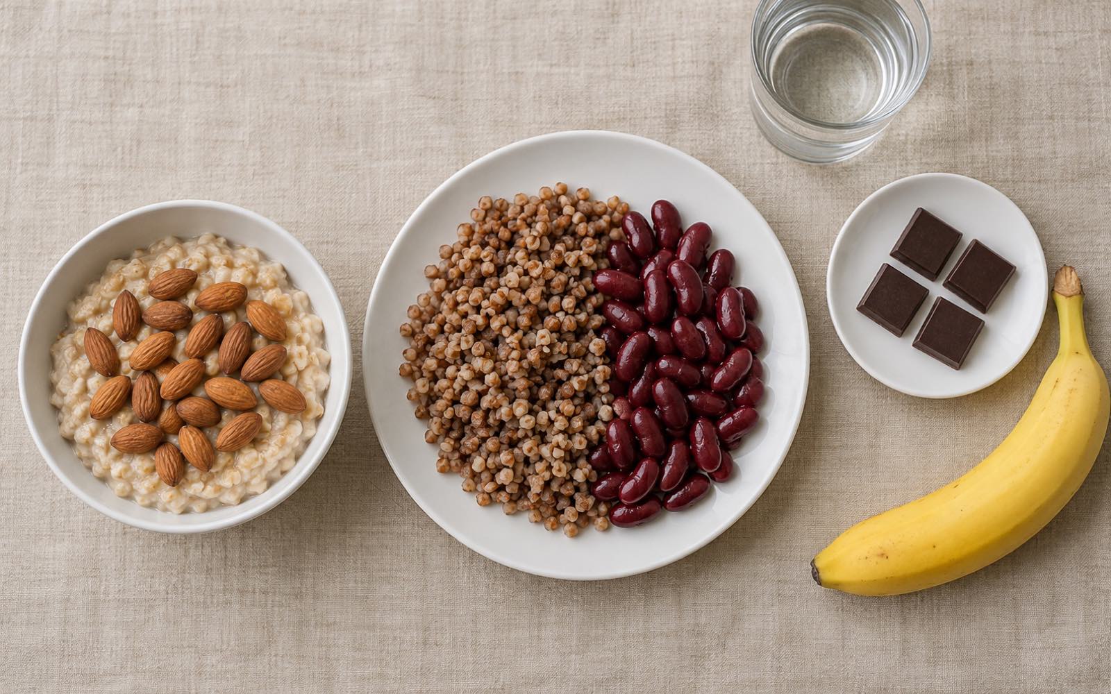 Top-down view of oatmeal with almonds, buckwheat with red kidney beans, four squares of dark chocolate and a banana on a light tablecloth