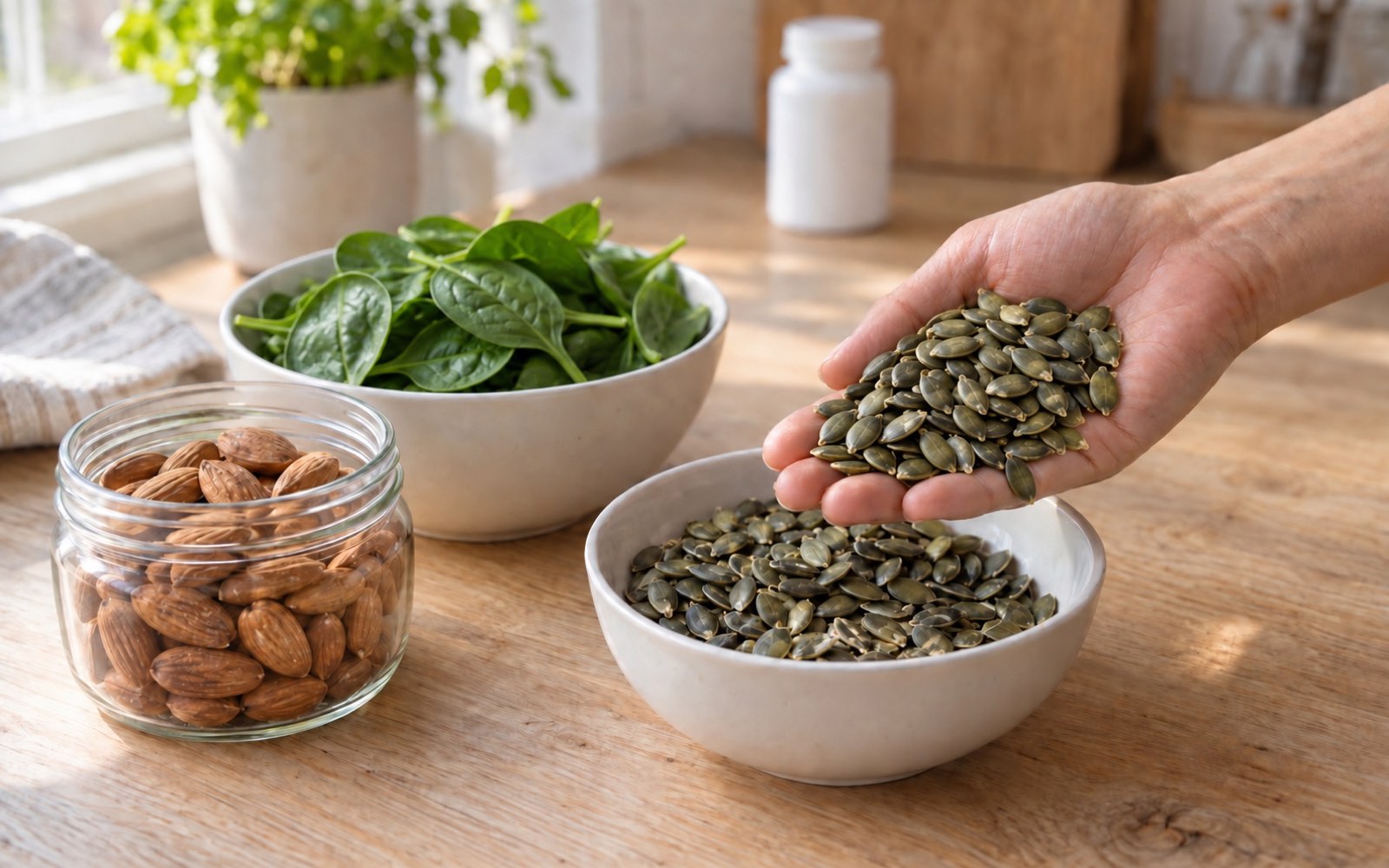 A hand holding a full handful of shelled pumpkin seeds over a bowl, with a jar of almonds and a bowl of spinach nearby and a blank supplement bottle in the background