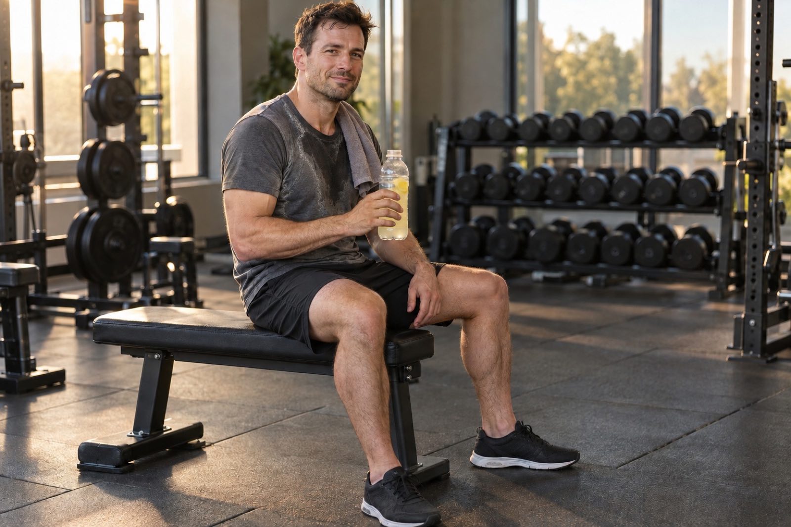 A man sitting on a gym bench after a long workout, drinking a homemade electrolyte drink with lemon, with white salt marks on his dark t-shirt
