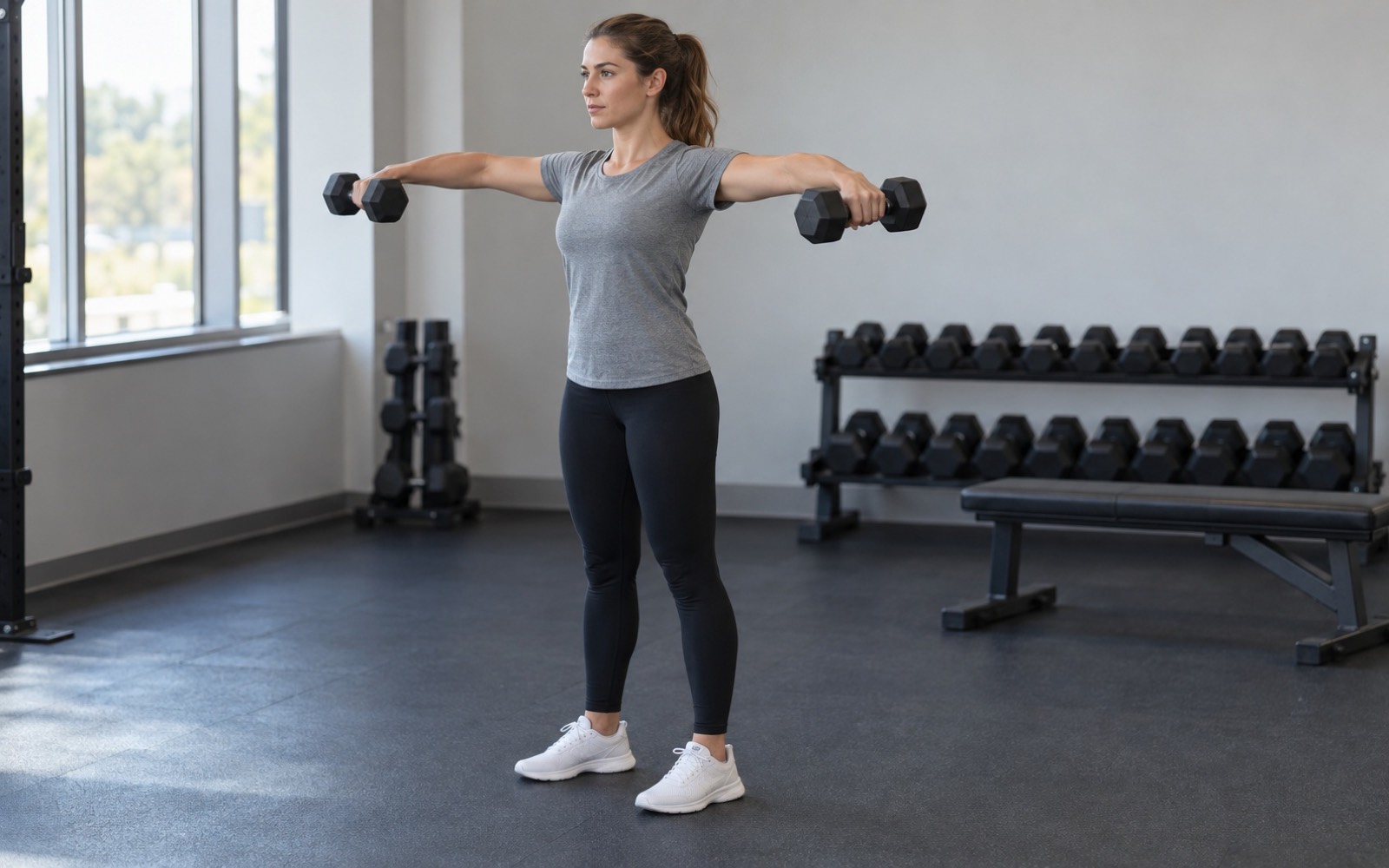 A woman at the top of a standing dumbbell lateral raise, three-quarter front view, dumbbells at shoulder height.