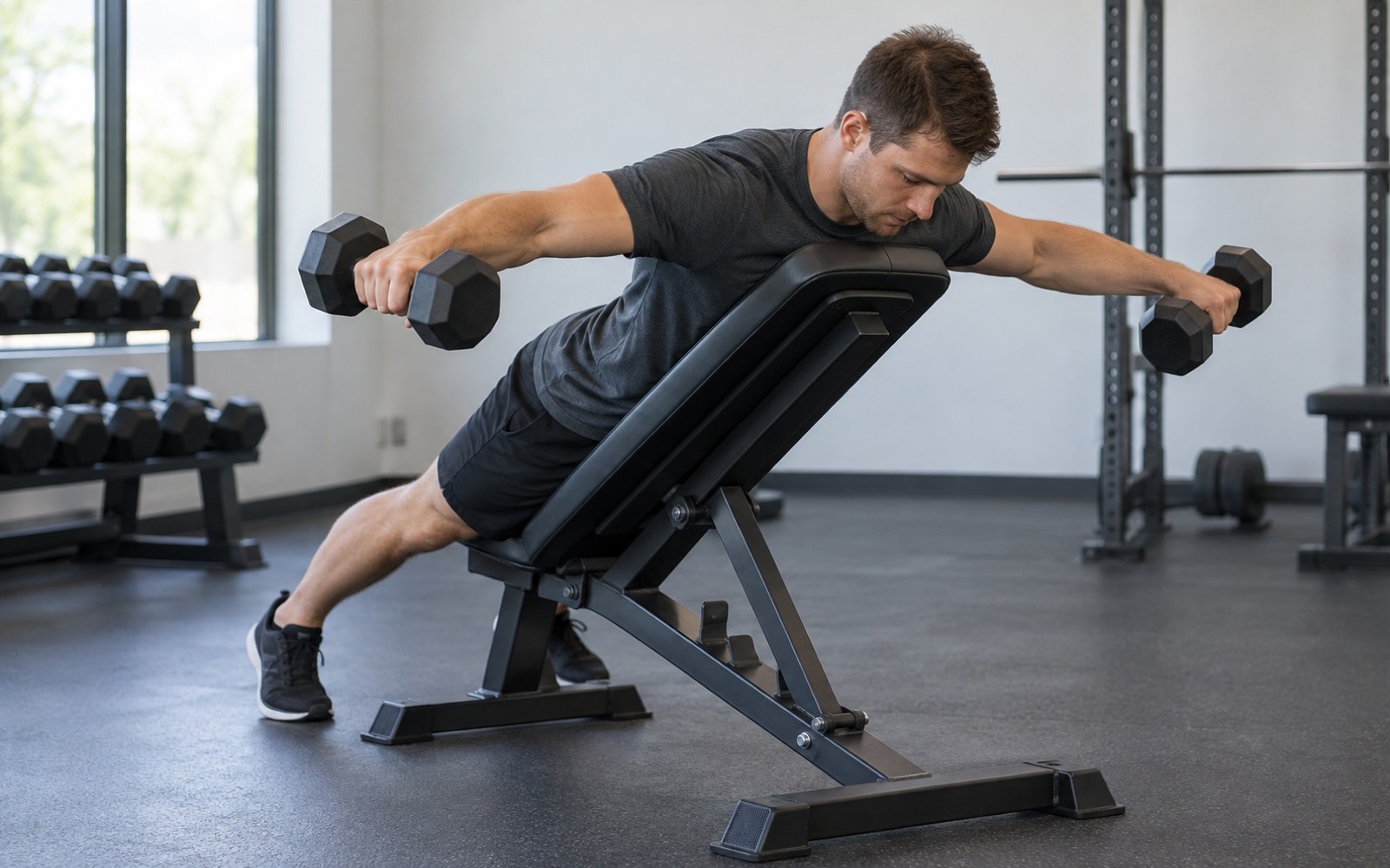 A man lying chest-down on a 40-degree incline bench performing a bent-over rear delt raise, palms facing each other.