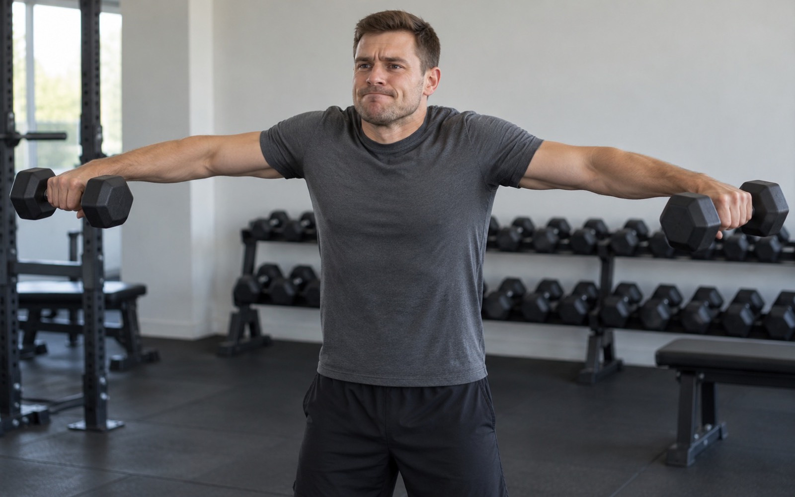 A man doing a lateral raise with a common mistake: shoulders hiked up toward the ears.