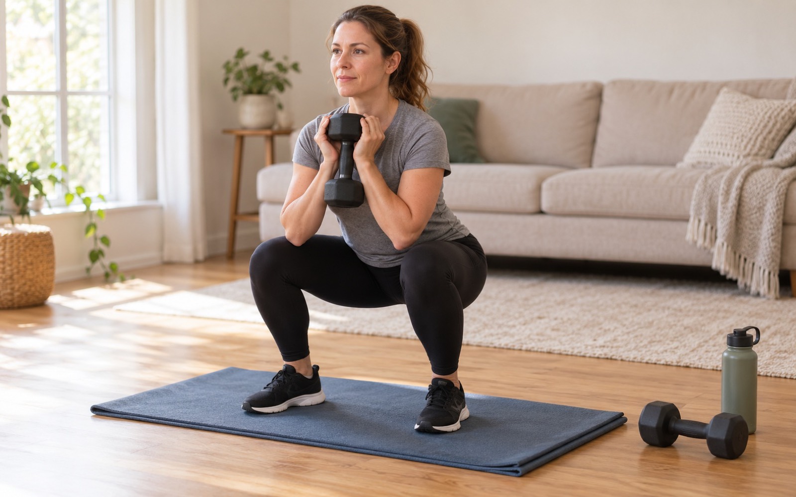 A woman in her early forties doing a goblet squat with a dumbbell at her chest in a home living room, calm expression