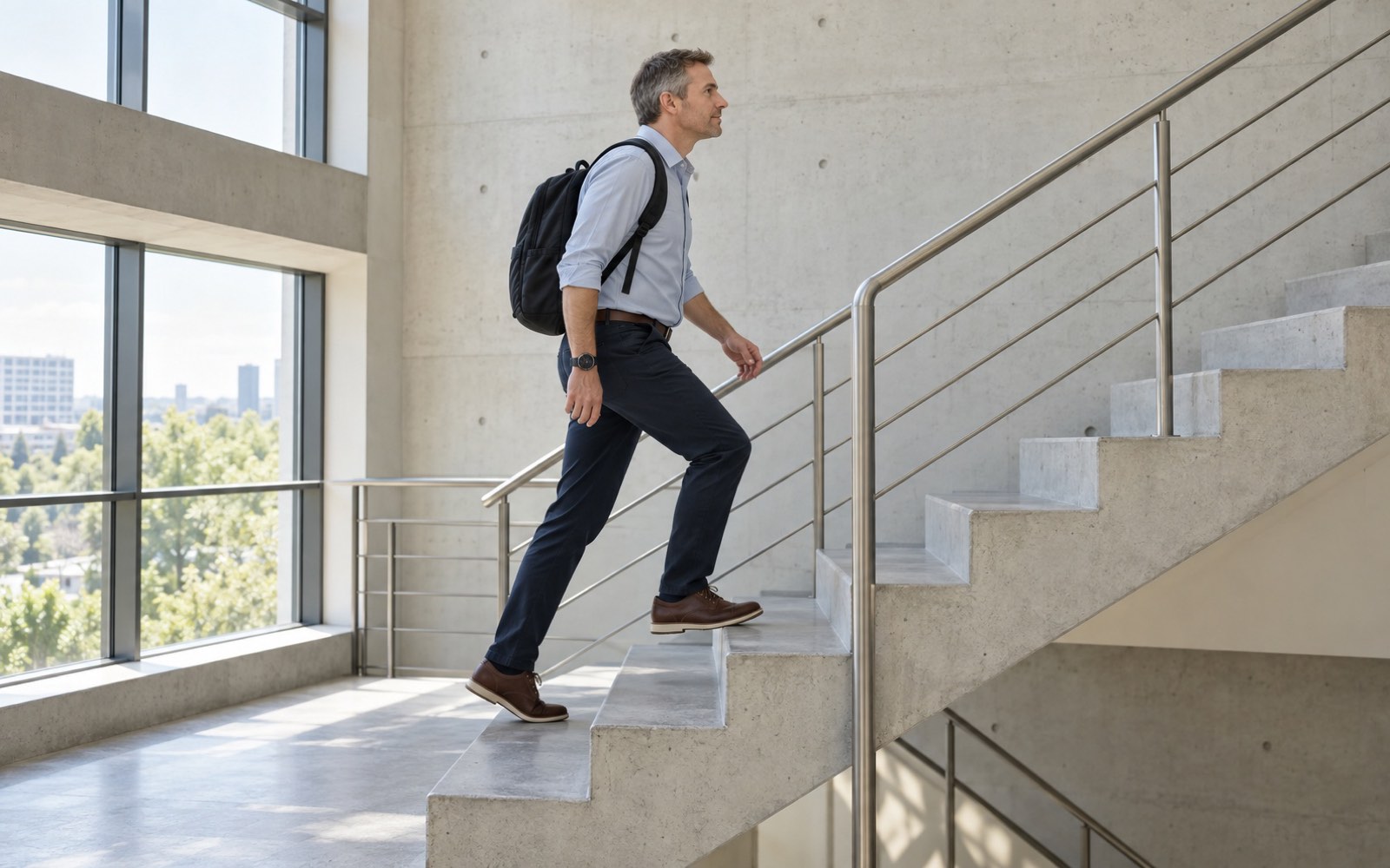 A man in his early forties with a backpack climbing office stairs briskly, calm expression