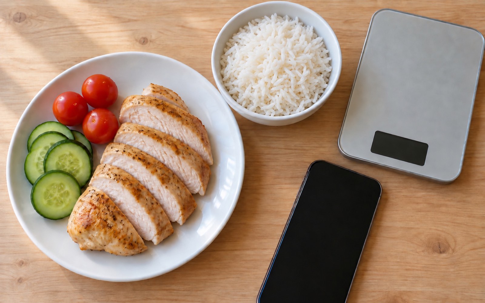 Overhead view of a plate of chicken and buckwheat next to kitchen scales and a phone on the table