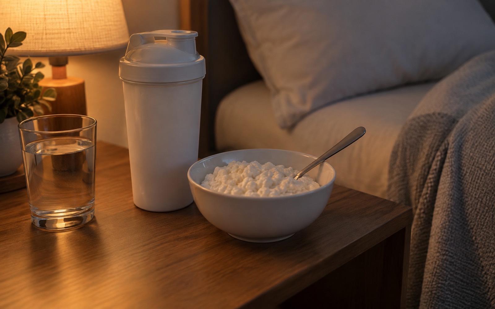 Cottage cheese with a spoon and a shaker on a nightstand in the evening