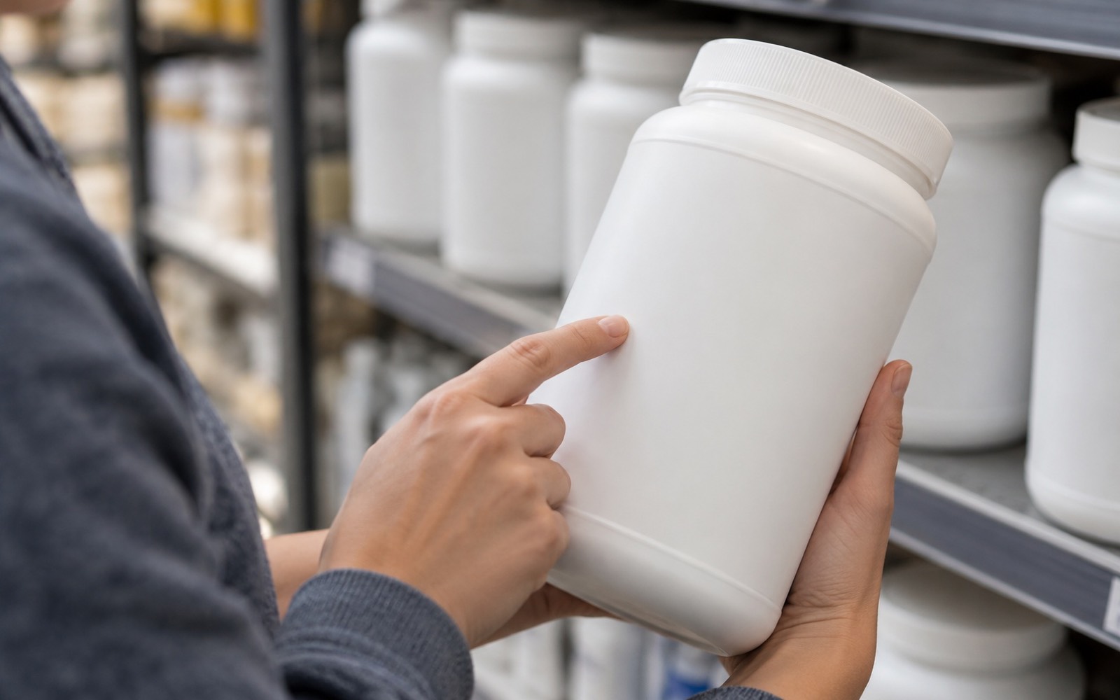 A hand holds an unlabeled protein tub with a finger resting where the ingredient line would be
