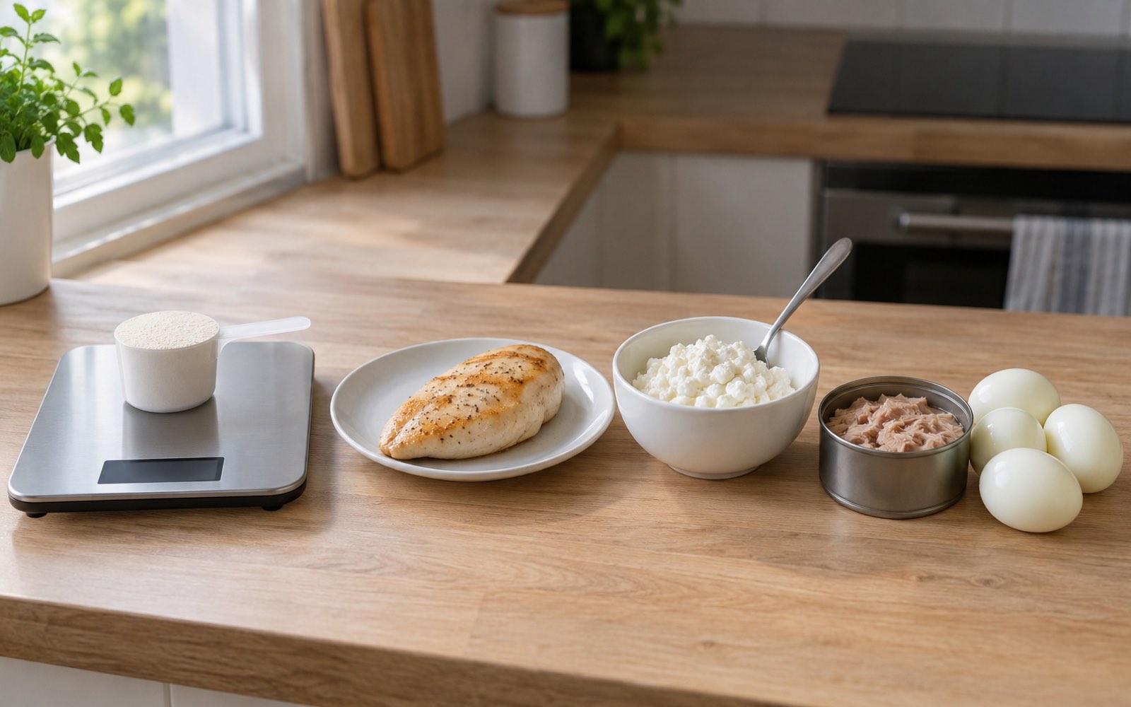 A scoop of protein powder on a kitchen scale next to chicken breast, cottage cheese, tuna and boiled eggs