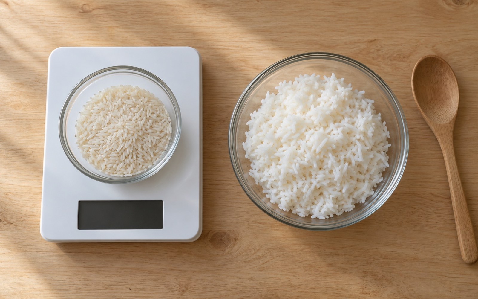 A kitchen scale with a bowl of 100 g dry white rice next to a bowl of rice cooked from the same amount, about three times the volume