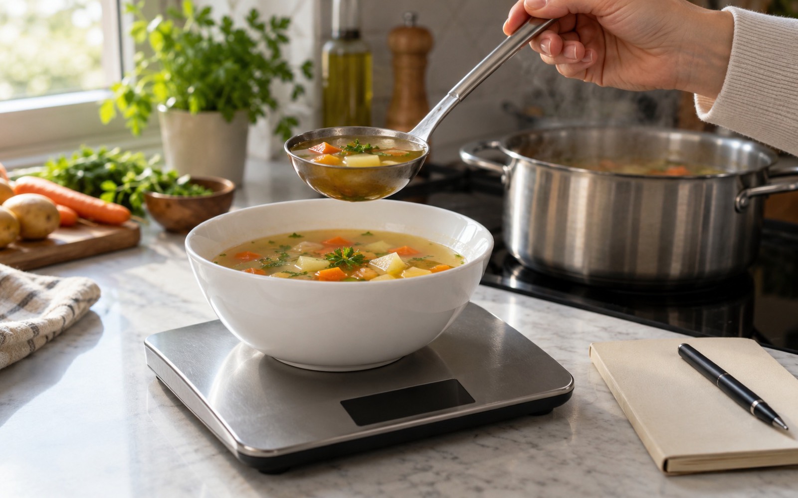 A hand holds a ladle of soup above a bowl standing on a kitchen scale with a blank display