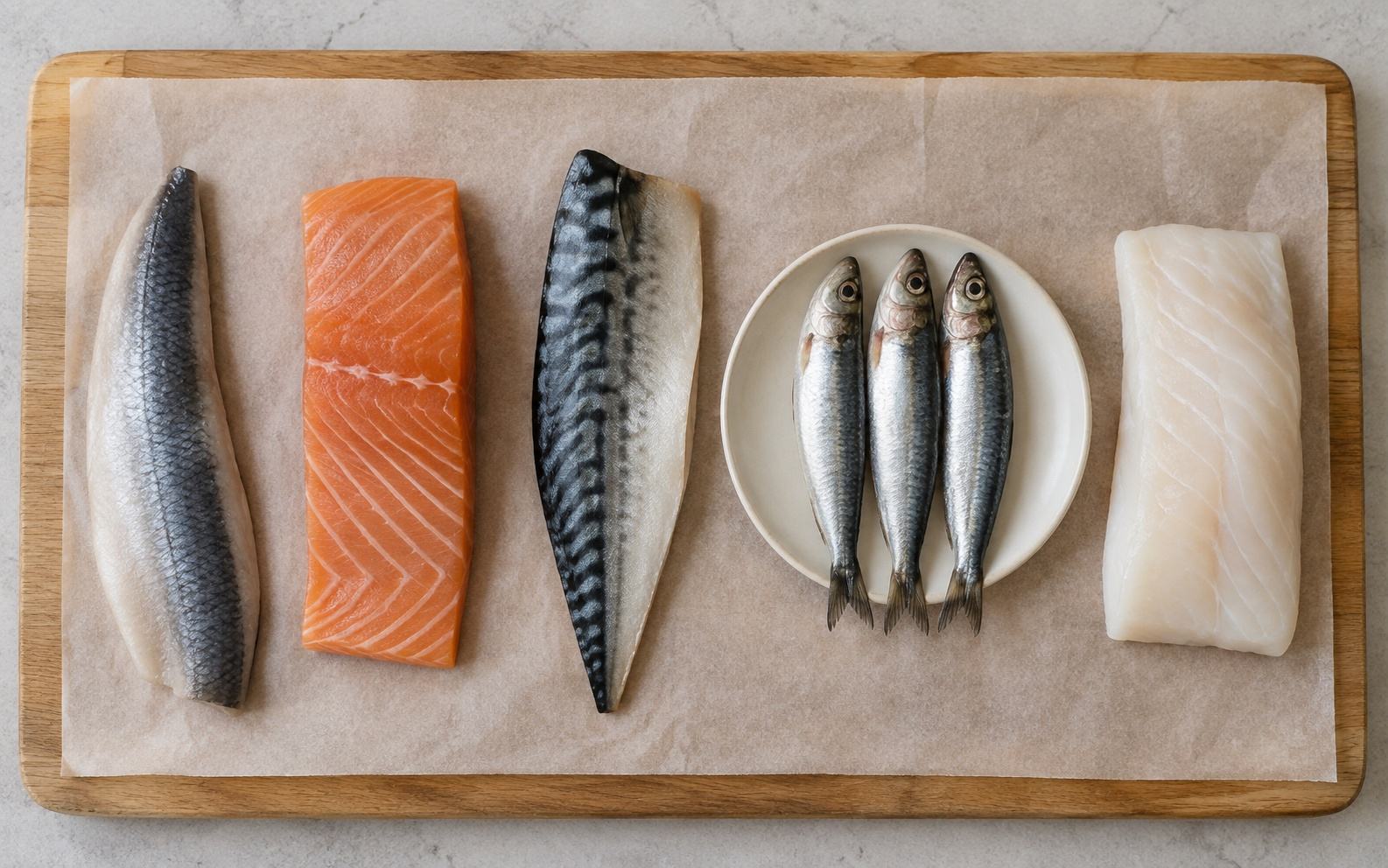 Raw fish in a row on parchment: a herring fillet, a piece of salmon, a mackerel fillet, three sardines on a saucer and cod