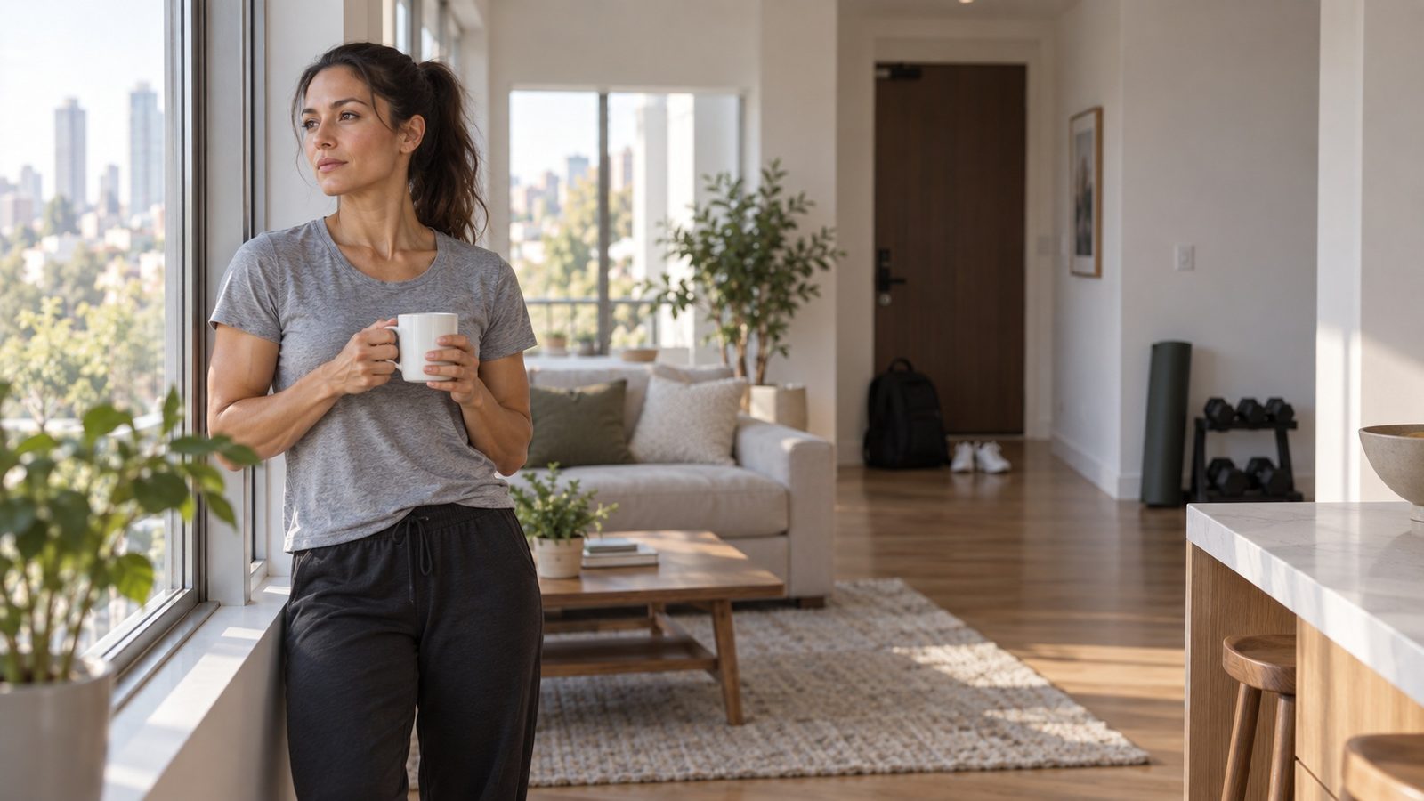 Morning at home: a woman with a mug by the window, a packed backpack and sneakers by the front door, and a rolled mat and dumbbells on a stand by the wall