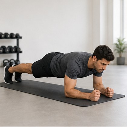 A man holding a forearm plank on a mat, body straight