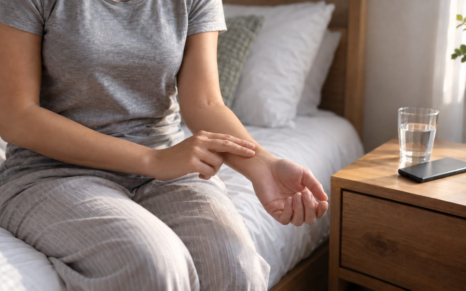 Close-up without a face: a woman sitting on the edge of a bed, checking her pulse at the wrist with two fingers, with a glass of water and a phone on the nightstand