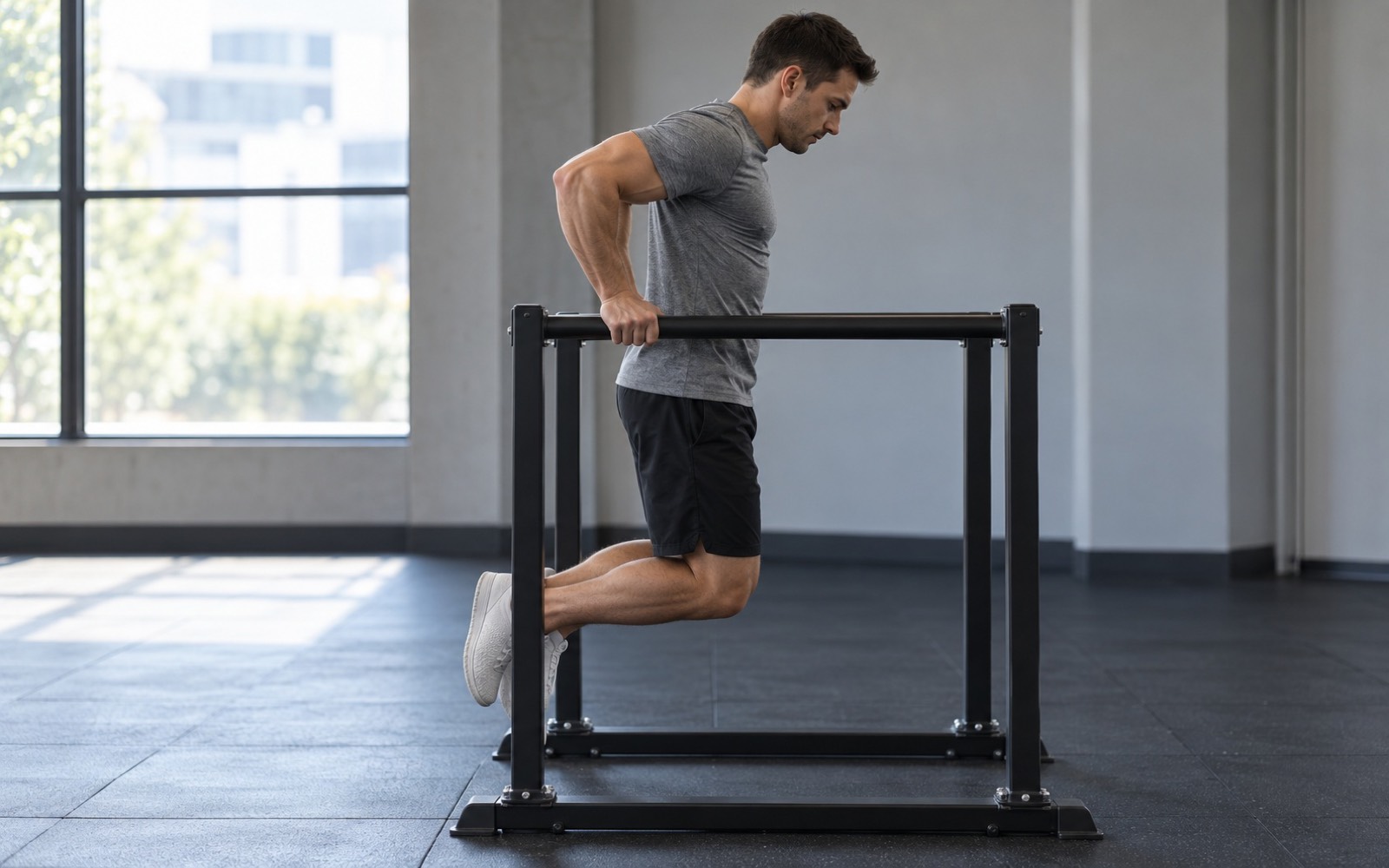 A man at the bottom of a dip on parallel bars, strict side view, triceps variant.